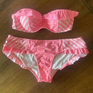 Victoria’s Secret Pink and White Polka Dot and Striped Strapless Bikini 34B Med